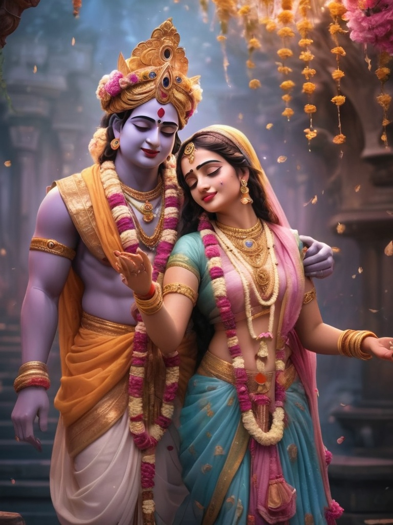 Prompt: beautiful images of love (Radha krishna), romantic ambiance, soft glowing light, vivid colors, deep emotional connection, heartwarming expressions, delicate details, enchanting scenery, serene background, dreamy atmosphere, ethereal beauty, high quality, ultra-detailed 4K, visually stunning masterpiece.