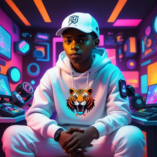 Prompt: Digital illustration featuring a black boy in a  futuristic setting. The individual is wearing a white hoodie, a white cap with a tiger logo, and a white face mask. They are sitting with arms crossed in front of a vibrant, neon-lit background with abstract shapes and colors. The room is filled with various tech gadgets, including a microphone, a gaming controller, a YouTube play button, and a holographic display. The character is sitting in front of a table with tiger logo. The overall color scheme is dominated by shades of blue, purple, and neon accents, creating a high-tech, cyberpunk atmosphere hyper detailed.