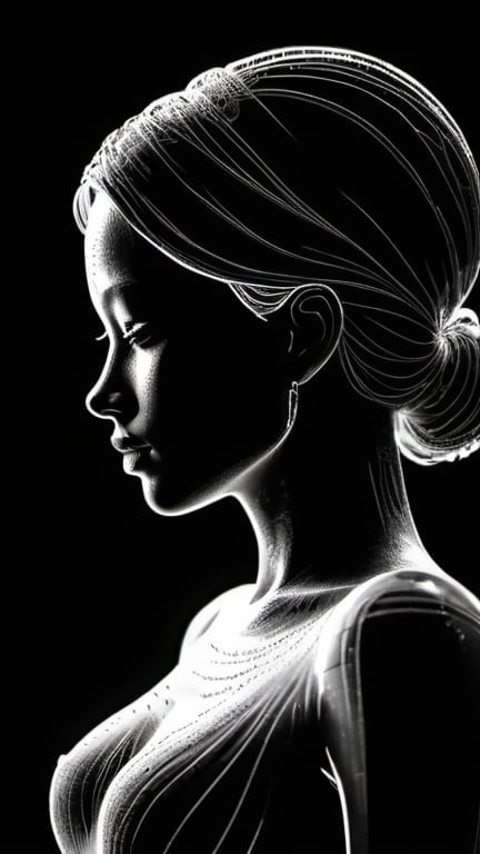 Prompt: Black and shimmery line art of a woman's silhouette coming from the page. Maximalist, 3D, depth of field, unreal engine 5 hyperdetailed intricate details, HDR, beautifully shot, hyperrealistic, sharp focus, 64 megapixels, perfect composition, high contrast, cinematic, atmospheric, moody