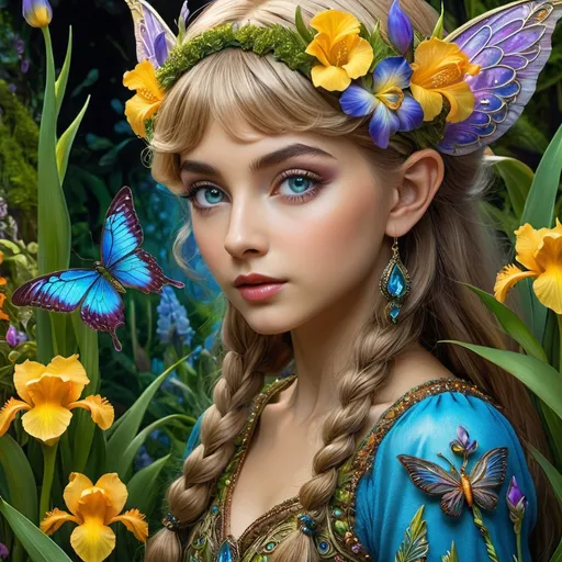 Prompt: Josephine Wall inspired picture of a Hyperrealistic pixie girl that is intricately detailed with flowers for irises in her eyes: She is overlayed by a secret garden full of wonderful flowers: She is inlaid with whimsical pixie houses. Maximalism, 3D 8K intricate details, HDR, beautifully shot, hyperrealistic, sharp focus, 64 megapixels, perfect composition, high contrast, cinematic, atmospheric, moody