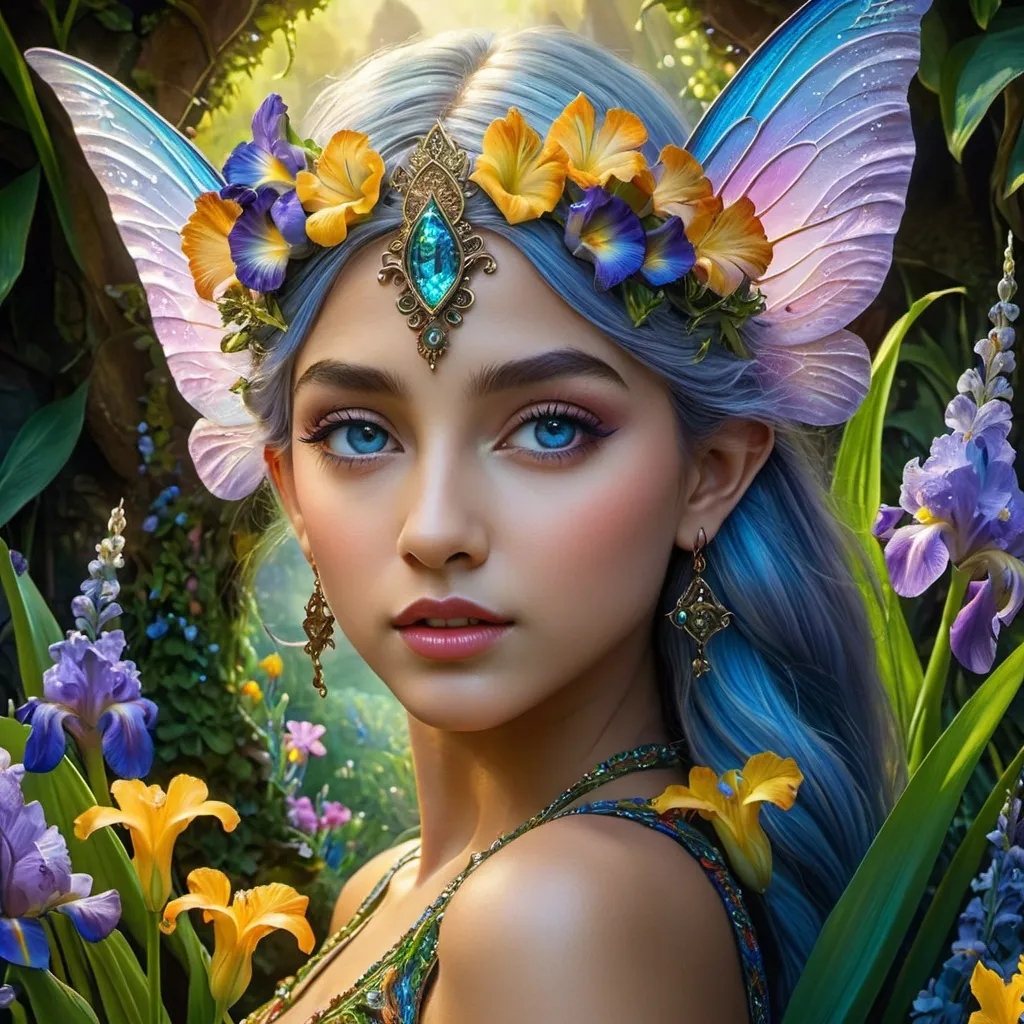 Prompt: Josephine Wall inspired picture of a Hyperrealistic pixie girl that is intricately detailed with flowers for irises in her eyes: She is overlayed by a secret garden full of wonderful flowers: She is inlaid with whimsical pixie houses. Maximalism, 3D 8K intricate details, HDR, beautifully shot, hyperrealistic, sharp focus, 64 megapixels, perfect composition, high contrast, cinematic, atmospheric, moody