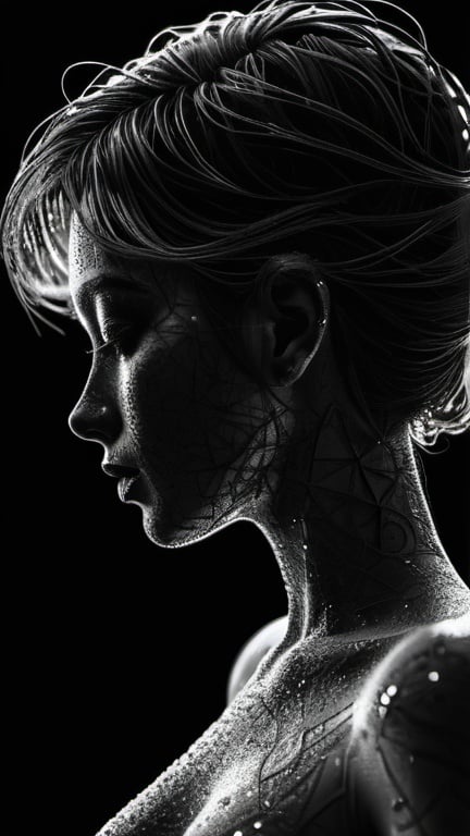 Prompt: Black and shimmery line art of a woman's silhouette coming from the page. Maximalist, 3D, depth of field, unreal engine 5 hyperdetailed intricate details, HDR, beautifully shot, hyperrealistic, sharp focus, 64 megapixels, perfect composition, high contrast, cinematic, atmospheric, moody