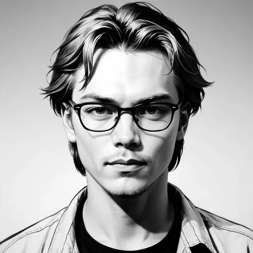 Prompt: make a drawing on anime of River Phoenix with glasses and black and white anime manga style, make a manga drawing