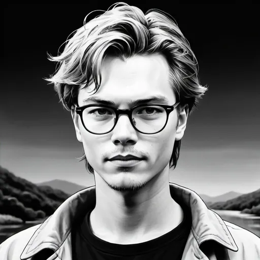 Prompt: make a drawing on anime of River Phoenix with glasses and black and white anime manga style