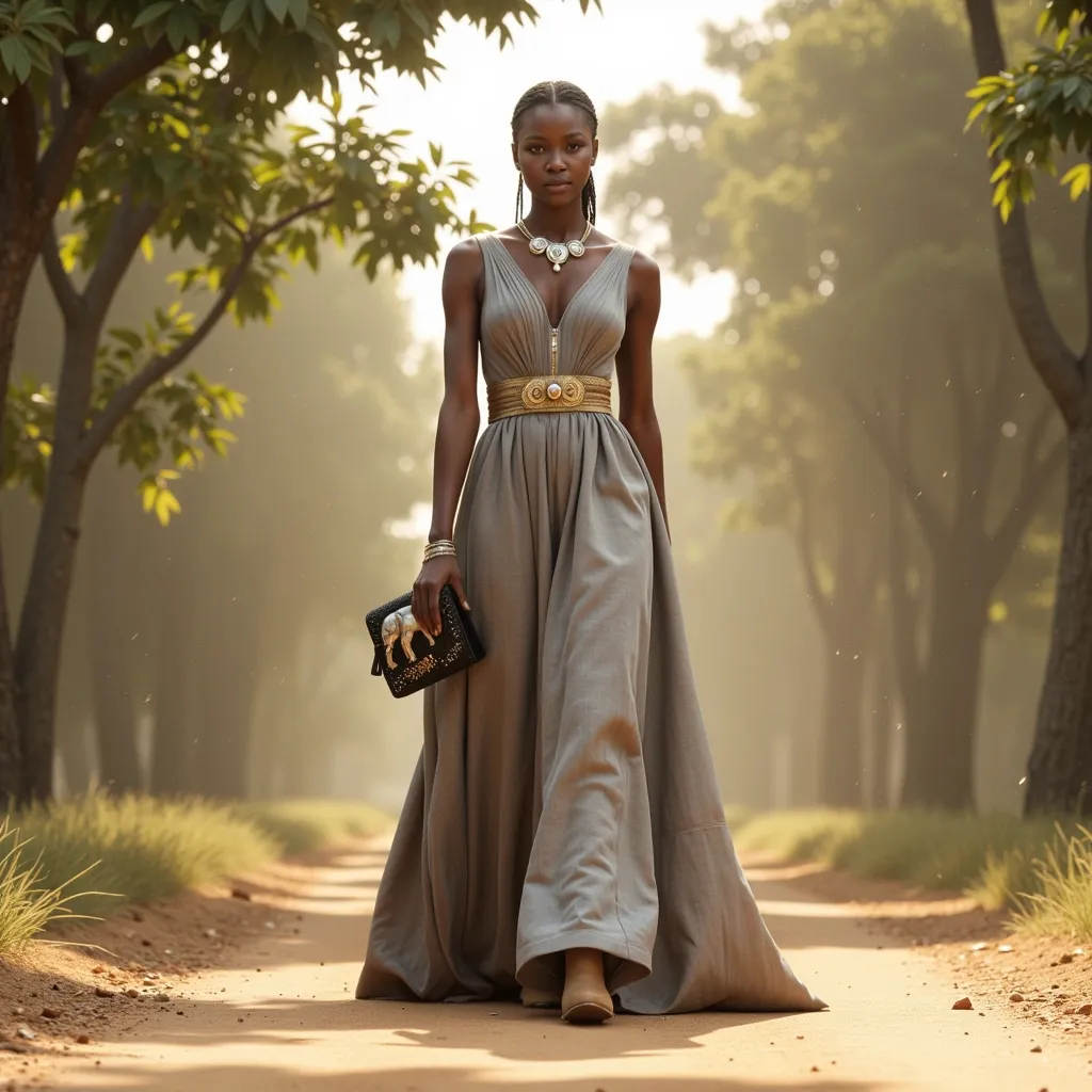 Prompt: A 9:16 vertical animated video of a realistic African female model placed at the back of the forest path , facing the viewer from a distance. The camera is angled to show ample foreground space for her to walk forward slowly and gracefully. The scene begins with her far away, gradually approaching while her elephant-inspired couture gown flows with each step.

The setting is a minimal sand-toned runway surrounded by stylized African forest elements — acacia trees, light foliage, golden dust particles in air. Light beams gently stream in from above, creating a majestic atmosphere.

Her gown is made of grey sculptural linen and a chiffon veil with pleated textures and mimicking light faux elephant skin but no face of elephant be on dress , adorned with subtle elephant tribal patterns and thin gold borders and with silver glitter pleats . She wears earth-tone suede boots visible front with each step. Her accessories include:



A bold faux ivory and gold elephant necklace

Gold elephant hairpins and beads woven into her hair

An enamel shaped elephant in silver on glittery black clutch with gold embroidery

Painted tribal details on her collarbones and circular cup sleeves

As she walks forward, the camera holds position while she approaches — elegant, slow, and poised — her dress and accessories catching the light.