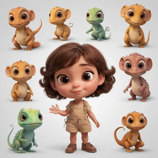 Prompt: Ｍodle Disney Pixar , Character sheet.white background, A cute 3 year old girl, round face with one cheek dimple, Brown curly hair with brown eyes and brown skin, girl have a pet, the chameleon, is a marvel of colors, big eyes cute and short.