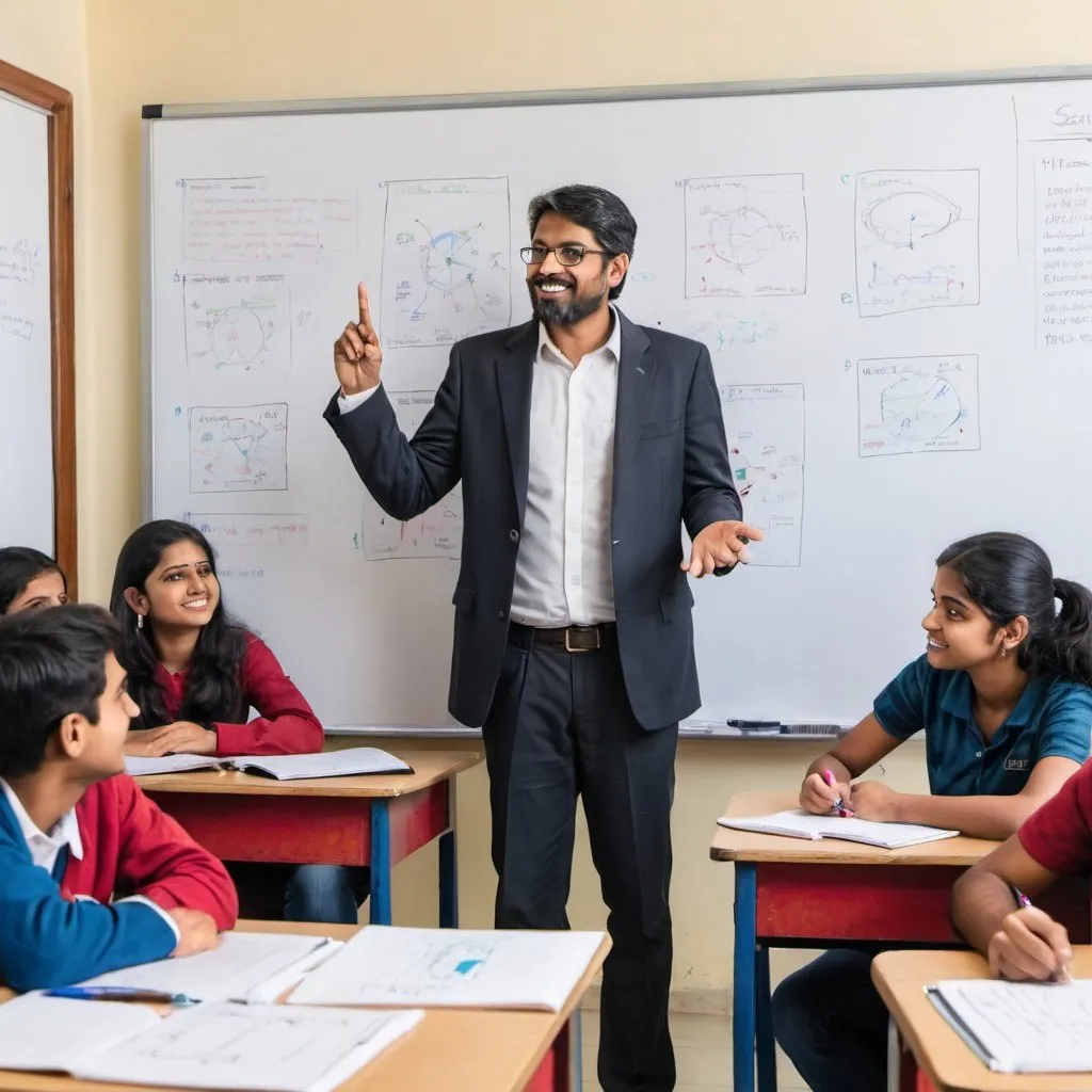 Prompt: A diverse group of Indian students eagerly sitting in front of their 35-year-old male teacher, who stands confidently in front of a whiteboard filled with detailed diagrams of SAP SD. Whiteboard should be detailed in diagram and SAP SD should be written in top of the board. The students' faces are filled with joy and determination as they absorb the teacher's knowledge and guidance, knowing it will lead them to success in the world of SAP.