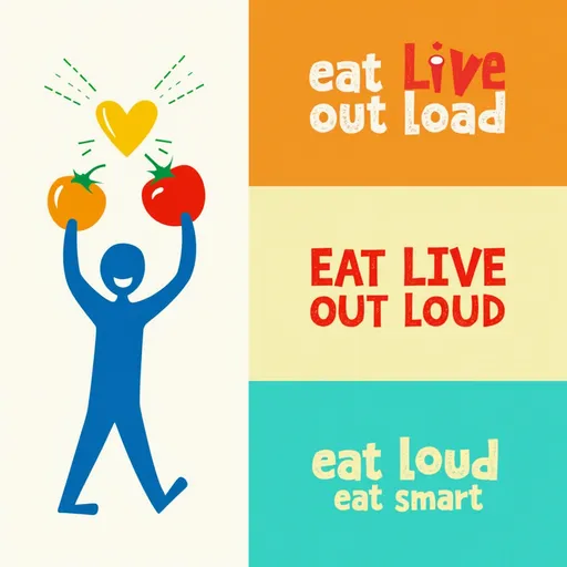 Prompt: Bold and vibrant, the design features three key phrases—“eat smart,” “eat live out loud,” and “eat loud”—each prominently displayed in varying fonts and colors, presenting a lively invitation to embrace healthy eating. The left side illustrates a blue figure joyfully balancing colorful fruits, including an orange and a tomato, with a heart symbol above, conveying a sense of health and happiness. Meanwhile, the right side utilizes a gradient backdrop that transitions from warm orange to cool turquoise, enhancing the energetic mood of the overall image. The combination of playful graphics and inviting language creates an engaging visual narrative centered on promoting a vibrant and active lifestyle through mindful eating choices.