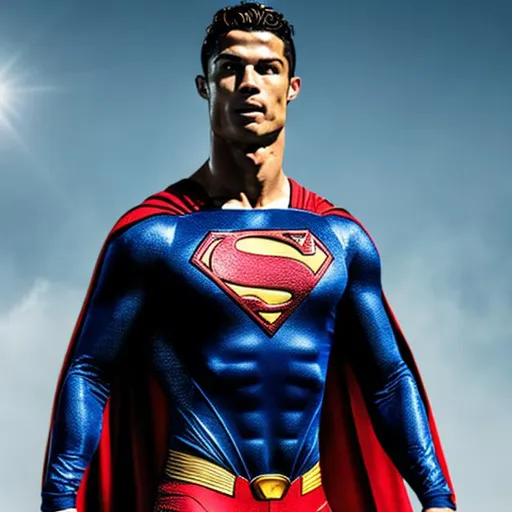 Prompt: Cristiano Ronaldo vestido como superman cuerpo completo parado aglomerado de gente 4k