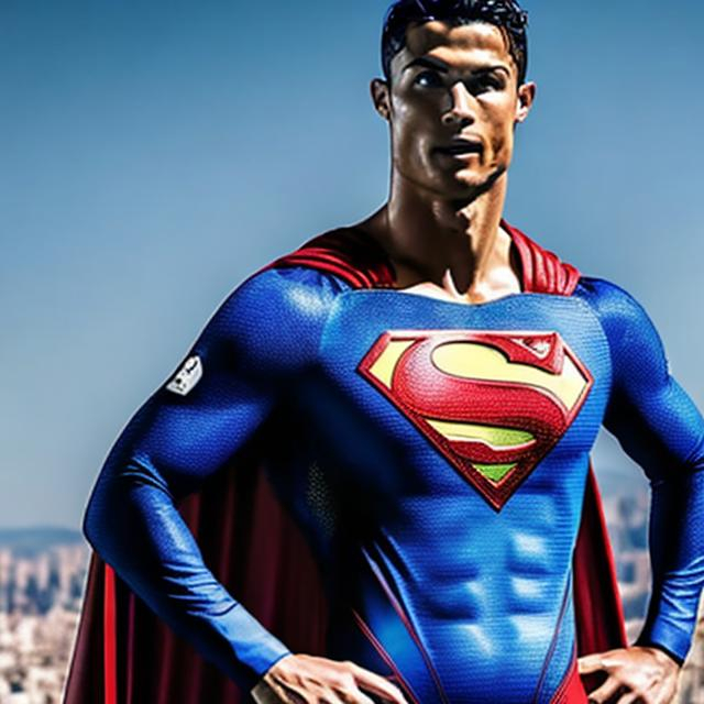 Prompt: Cristiano Ronaldo vestido como superman cuerpo completo parado aglomerado de gente 4k