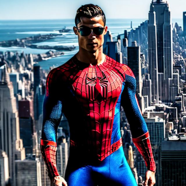 Prompt: Cristiano Ronaldo vestido como spiderman cuerpo completo parado encima de el Empire state 4k