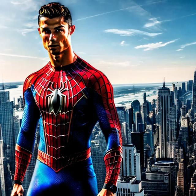 Prompt: Cristiano Ronaldo vestido como spiderman cuerpo completo parado encima de el Empire state 4k