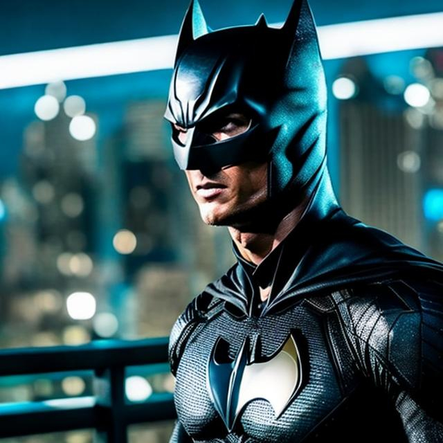 Prompt: Cristiano Ronaldo vestido como batman cuerpo completo parado encima de el Empire state 4k