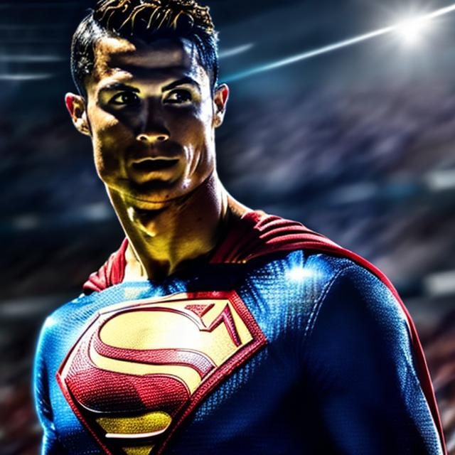 Prompt: Cristiano Ronaldo vestido como superman cuerpo completo parado aglomerado de gente 4k