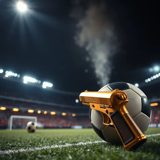 Prompt: A soccer ball in a stadium and a gold gun close to ball at night