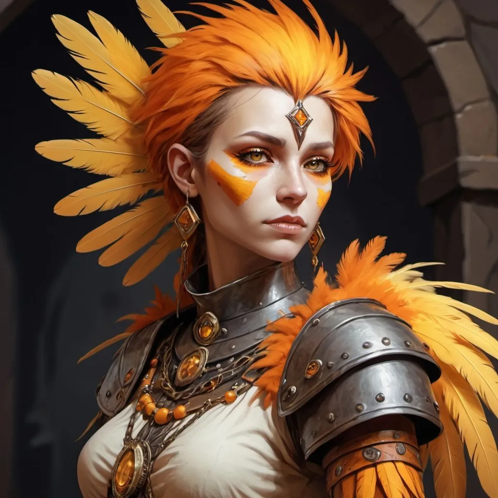 Prompt: A female humanoid bird person with yellow and orange feathers. Midieval background. Dungeons and Dragons.