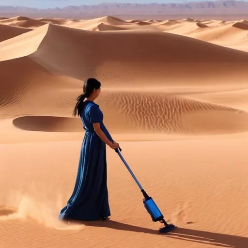 Prompt: Woman in long dress vacuum cleaning the desert