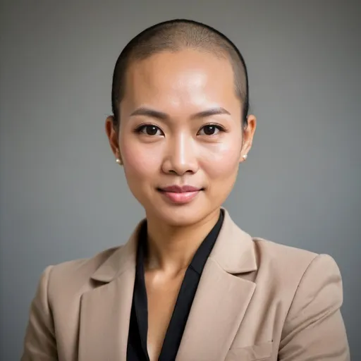 Prompt: big bald head cambodian tan skin asian businesswoman