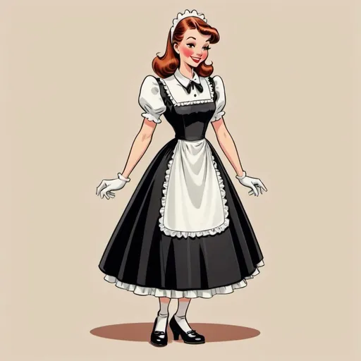 Prompt: vintage cartoon maid wears black mary jane shoes and long dress