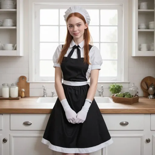 Prompt: Caucasian maid mary jane shoes long black dress uniform  white socks thin buckle strap white apron