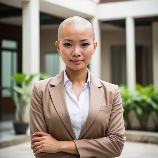 Prompt: bald cambodian tan skin asian businesswoman