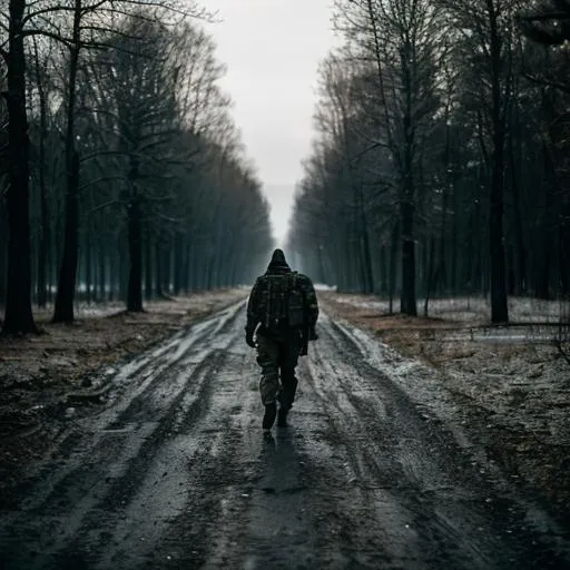 Prompt: S.T.A.L.K.E.R. Shadow of Chernobyl, one man, hooded, mysterious, gas mask, in the distance,
