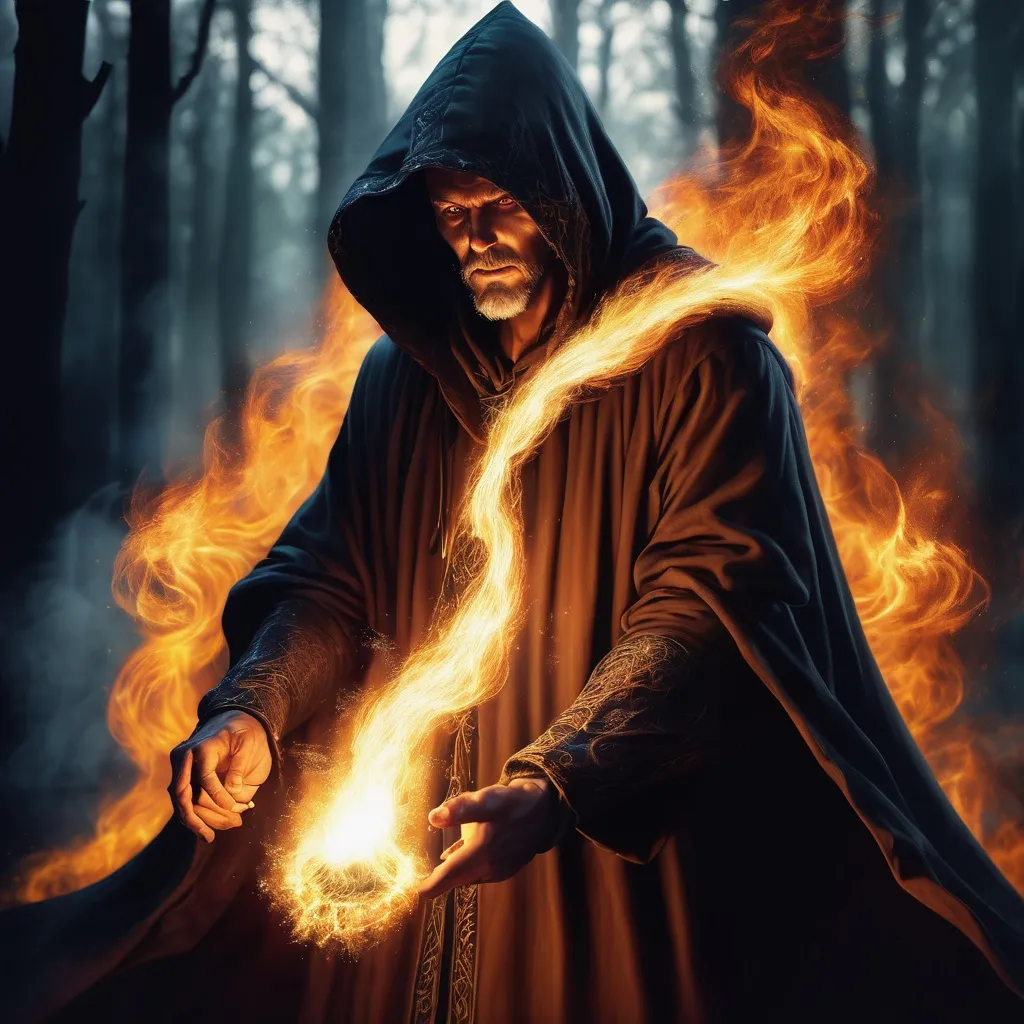 Prompt: Mysterious hooded wizard casting a super powerful fire spell, digital painting, intense flames, magical aura, high quality, fantasy, dark tones, dramatic lighting, detailed cloak, glowing eyes, mystical, powerful, mystical atmosphere, fantasy, magical, dark and mysterious