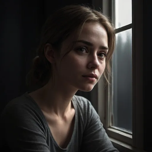 Prompt: Woman sitting in front of window in dark room, realistic drawing, moody atmosphere, low-key lighting, detailed facial features, high quality, realistic, moody, low-key lighting, detailed face, atmospheric, window illumination