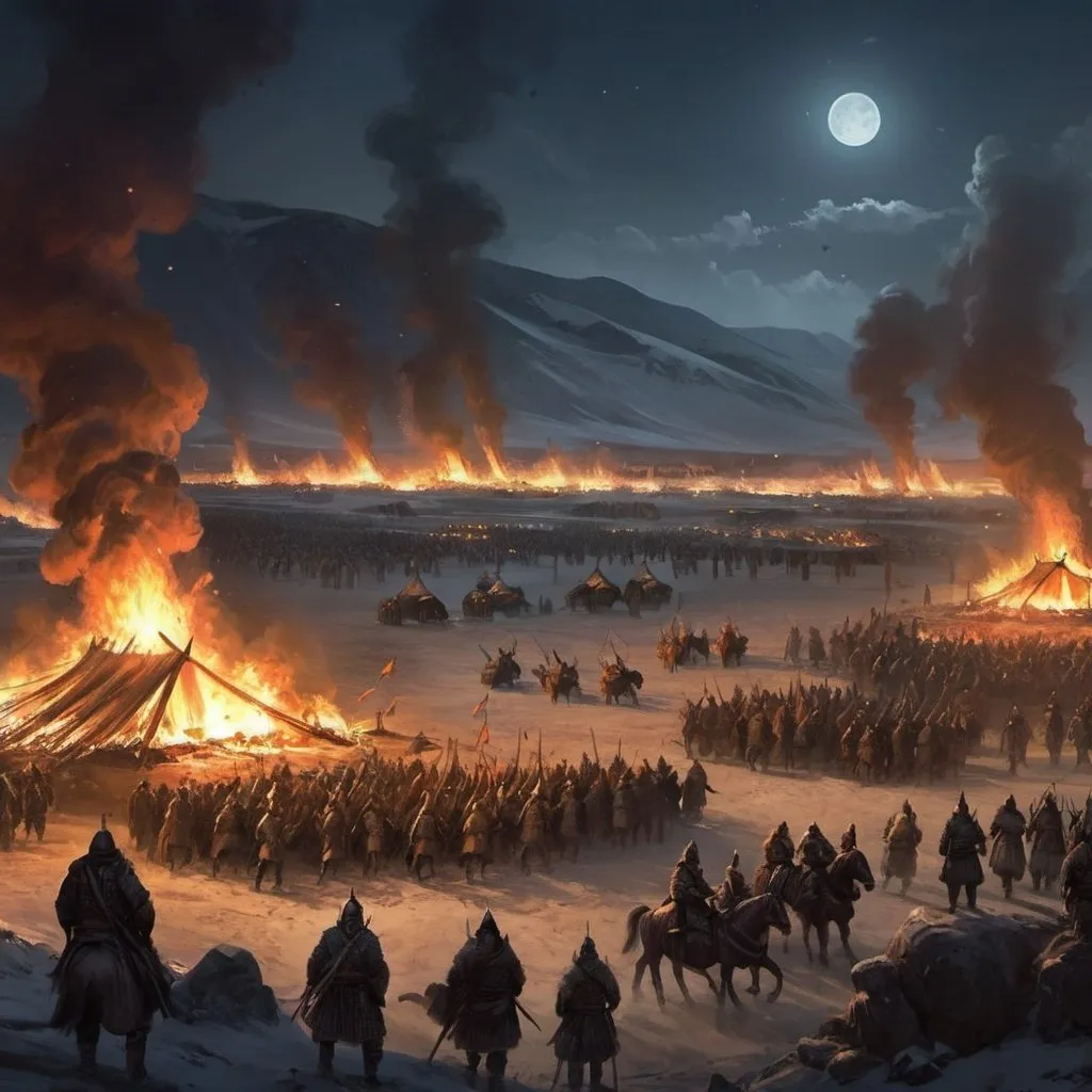 Prompt: Genghis Khan  concept art war the army camp fantastic fire at night new