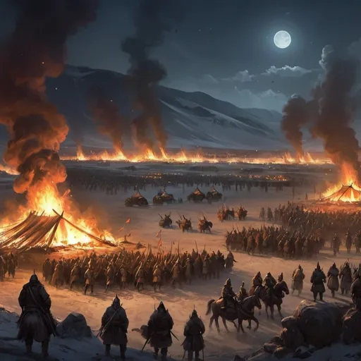 Prompt: Genghis Khan  concept art war the army camp fantastic fire at night new