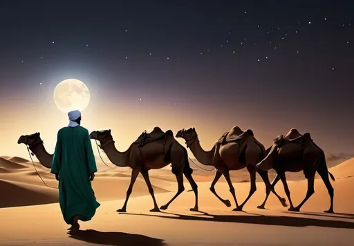 Prompt: Dervish walking in the desert at midnight, camels around him
