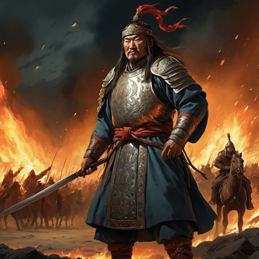 Prompt: Genghis Khan  concept art war the army  fantastic fire at night new