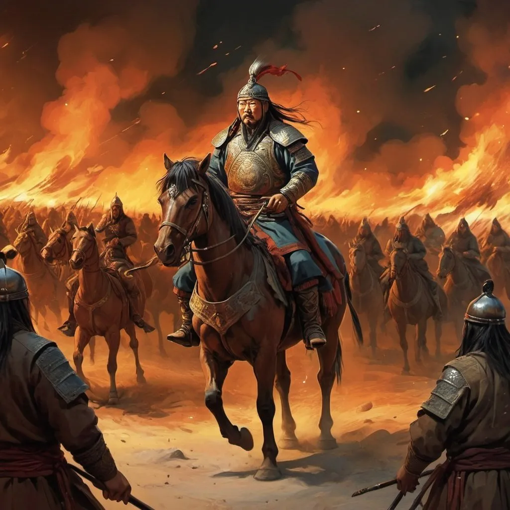 Prompt: Genghis Khan  concept art war the army  fantastic fire at night new