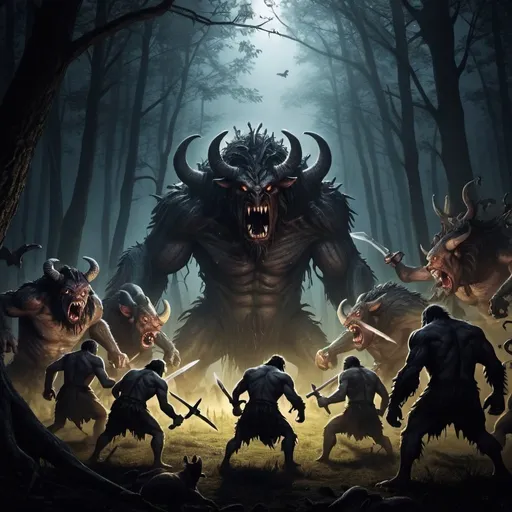 Prompt: Monsters fight with herd in the darkness of the dark forest