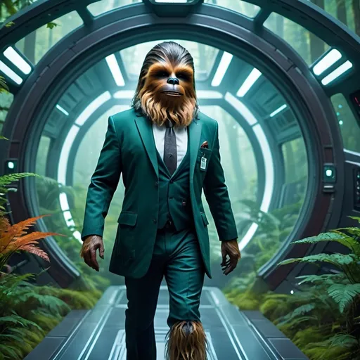 Prompt: (wookie doctor in business suit), stepping out of a starship, lush forest world backdrop, (cinematic lighting), misty atmosphere, vibrant color tones, details of leaves and flora, starship with a futuristic design in the background, (ultra-detailed), 4K visual quality, epic and adventurous feel, high depth of field, sharp focus, highly realistic textures, atmospheric depth, photorealistic detailing