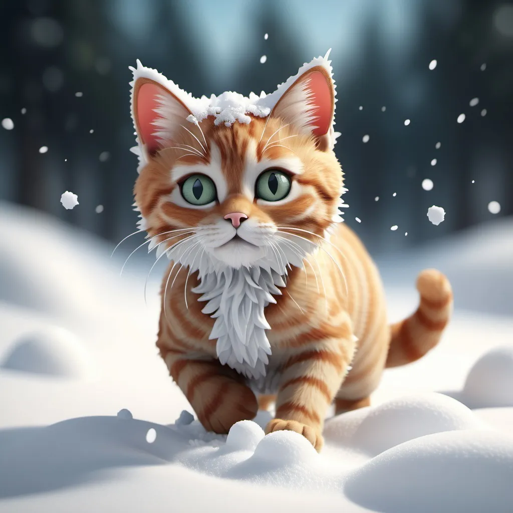 Prompt: create a professonial render of a 3d render of a small cat playing in the snow