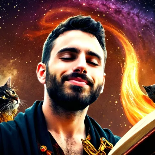 Prompt: (Arab wizard), mystical robes flowing, ethereal aura illuminating, (fiery colors), entwined magical symbols swirling, (bold detailing), majestic cat perched gracefully on shoulder, enchanting gaze, ancient scrolls, spellbook, enchanted landscapes in background, luminous stars twinkling overhead, (ultra-detailed), (4K), enchanting atmosphere, mysterious ambiance.