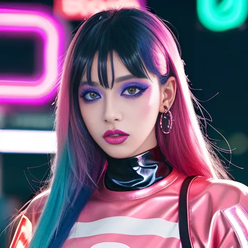 Prompt: Fashion editorial e-girl portrait, glossy aesthetic, vibrant colors, digital art, e-girl style, neon lights, edgy makeup, stylish outfit, 4k, high-quality, ads-fashion, vibrant colors, neon-lit, glossy, edgy makeup, stylish outfit, digital art, highres, ultra-detailed, editorial style