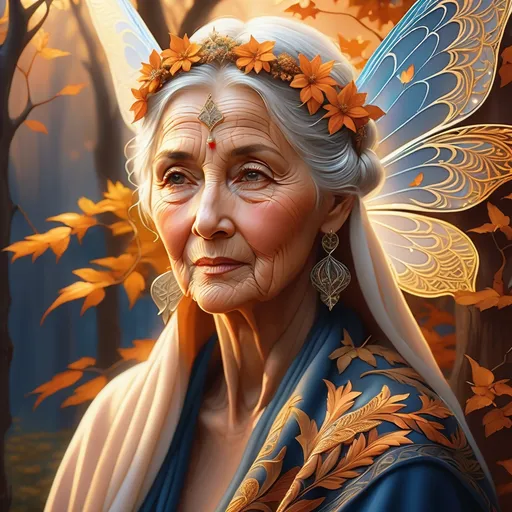 Prompt: Detailed illustration of a wise old mother embodying warmth and strictness, fairy wings with intricate details, embracing good and evil with ambivalence, high definition, warm tones, fantasy, detailed facial features, nurturing presence, magical realism, intricate shawl, fairy, motherly embrace, fantasy art, contrasting emotions, loving gaze, best quality, highres, fairy wings, ambivalent, strict mother, warm, good and evil, magical realism, nurturing presence, detailed facial features, fantasy art, intricate shawl, fantasy
