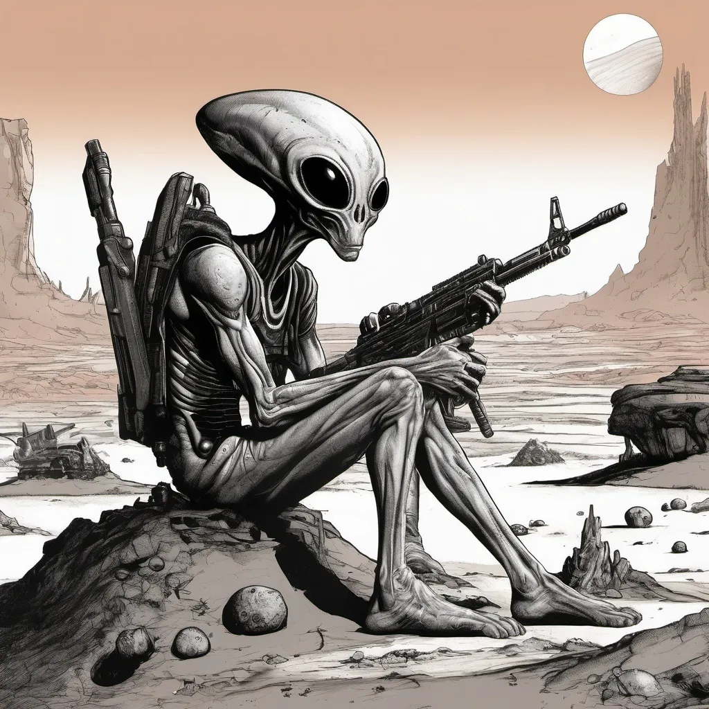 Prompt: An alien sitting on an unknown planet with a weapon in his left hand and a joint in his right hand looking behind him at the aftermath of war.