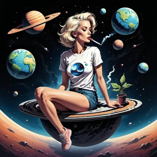 Prompt: a female smoking sitting on a very small planet floating in space