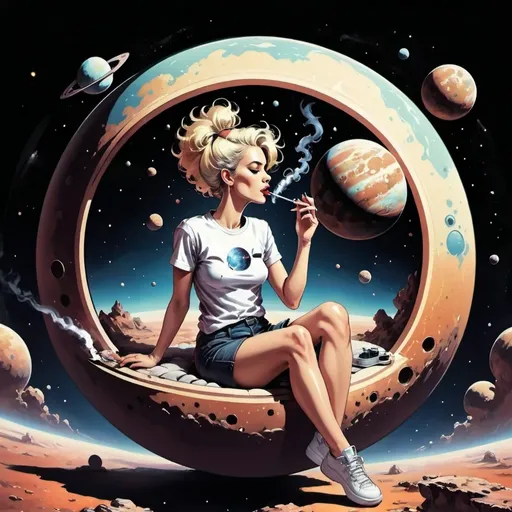 Prompt: a female smoking sitting on a very small planet floating in space