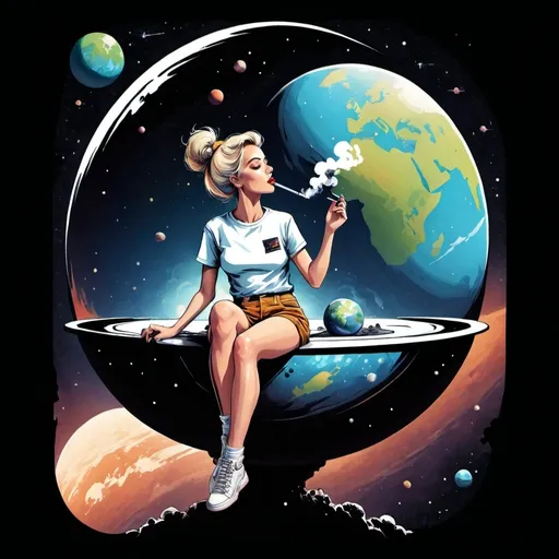 Prompt: a female smoking sitting on a very small planet floating in space