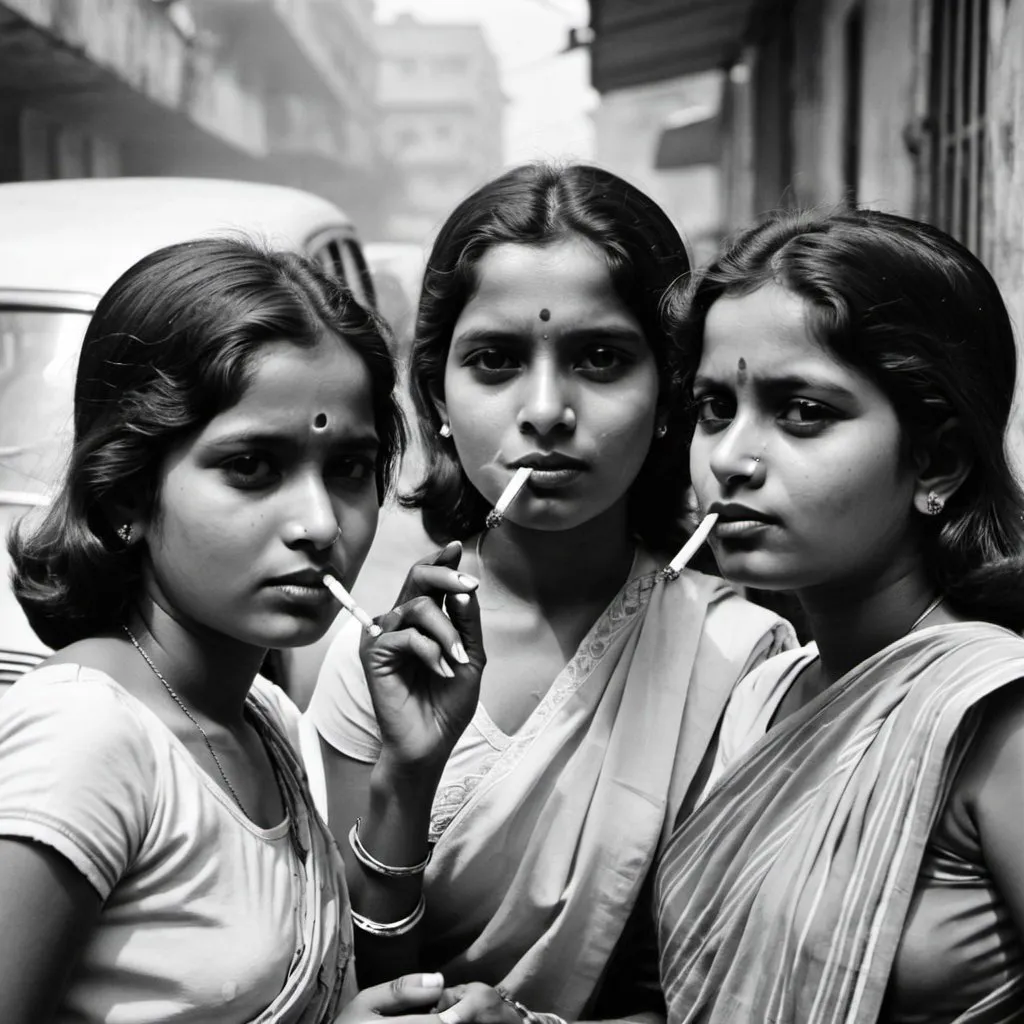 Prompt: 3 girls smoking cigarettes in 1970 Kolkata