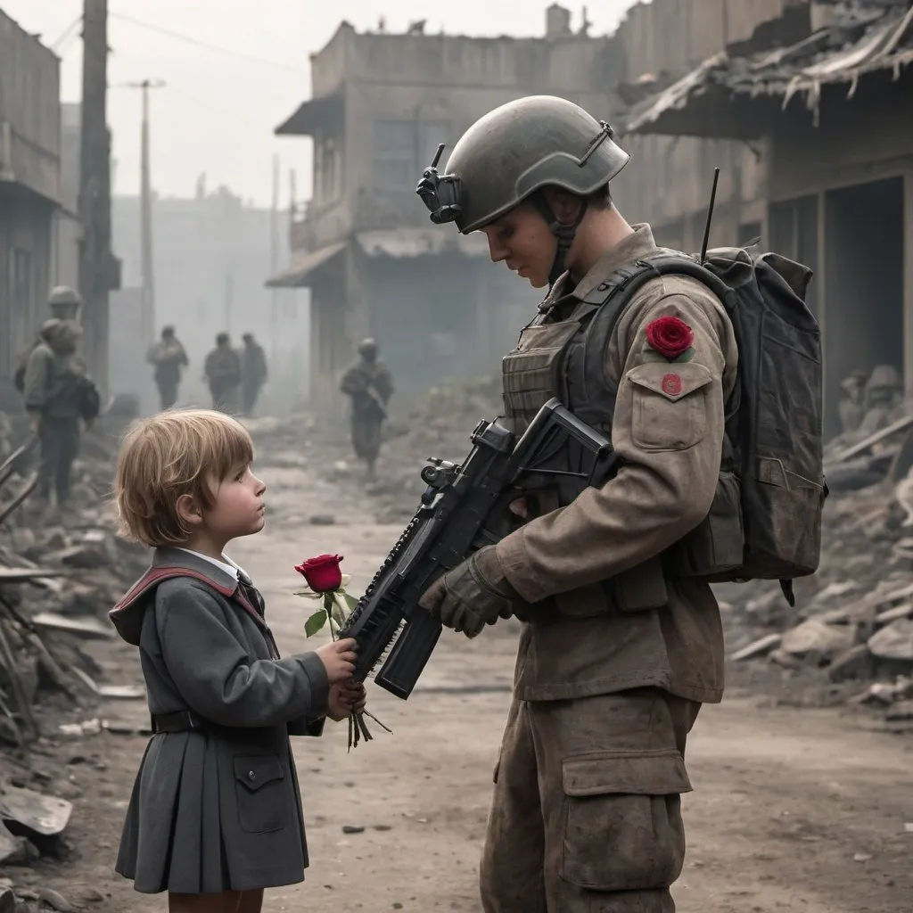 Prompt: A small child wearing school uniform offering a rose to a soldier who is dressed in body armour holding a machinegun in the backdrop of a post-apocalyptic world