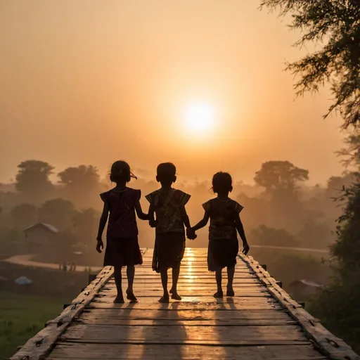 Prompt: Silhouette of two little girls and one little boy crossing a bridge in a village in India during Sunset