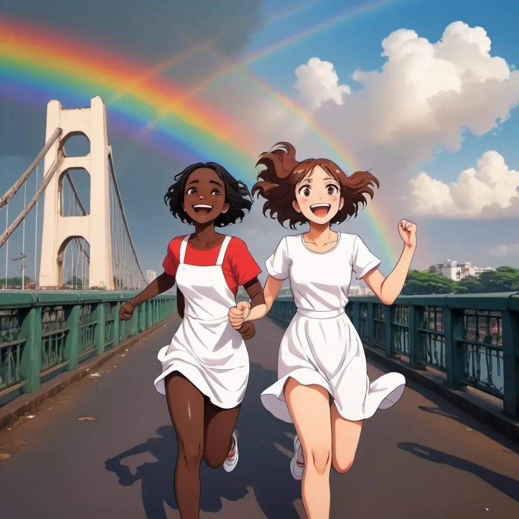 Prompt: A dark skinned girl in a red t-shirt and a fair skinned girl in a white dress holding hands and laughing and running with Howrah Bridge in the backdrop under a rainbow coloured sky in Kolkata in anime style 