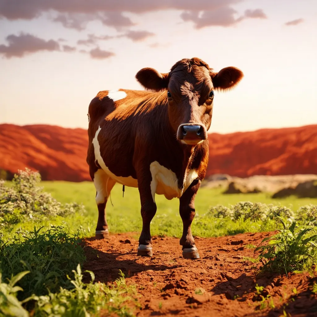 Prompt: In a serene rural setting, create a 3D image of a cow standing still, gazing intently at the camera. Surround the cow with lush green vegetation, with a few patches of reddish-brown soil visible. The sky above is partially cloudy with shades of red, adding a warm, earthy tone to the scene. The overall atmosphere should reflect the calm and simplicity of the countryside, with a focus on the cow's gentle and curious expression