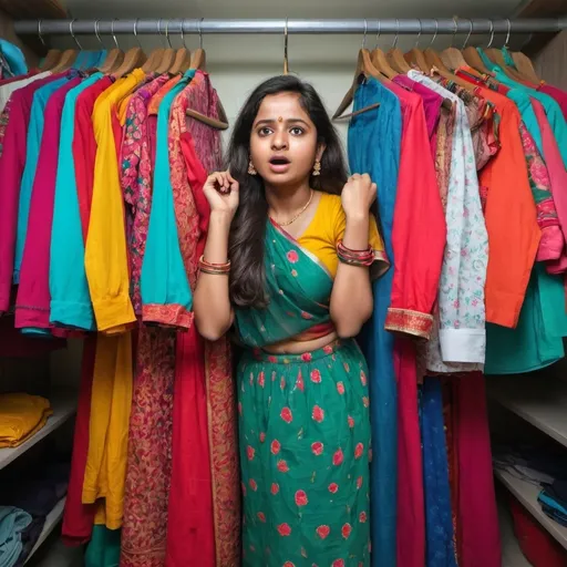 Prompt: Create a playful and humorous image featuring a young Bangladeshi woman trying to manage a closet overflowing with colorful three-piece outfits. The text overlay reads: 'ক্লোজেট ভর্তি, কিন্তু পরার মতো কিছু নেই? শর্বর থেকে কিনে নিন নতুন কালেকশন!' The mood is light-hearted and funny, with bright colors and exaggerated expressions.