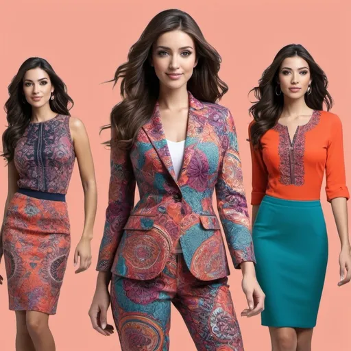 Prompt: Create a vibrant and eye-catching Facebook cover photo for an e-commerce page specializing in three-piece outfits. The design should feature a stylish model showcasing the three-piece attire, with a focus on the intricate details of the fabric. Use a modern, clean layout with a bold and elegant font for the page's name. Include subtle patterns in the background that reflect the traditional yet contemporary nature of the products. The overall color scheme should be warm and inviting, highlighting the quality and elegance of the clothing